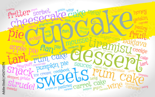 Cupcake. Word cloud, yellow stripe, gradient grey background. Food concept.