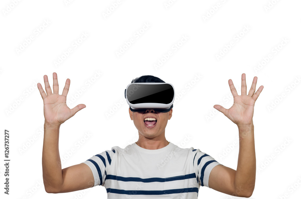 Young man with virtual reality goggles. Young man with virtual reality goggles.