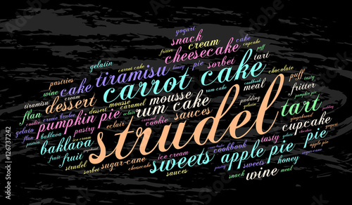 Strudel. Word cloud, grunge background. Food concept.