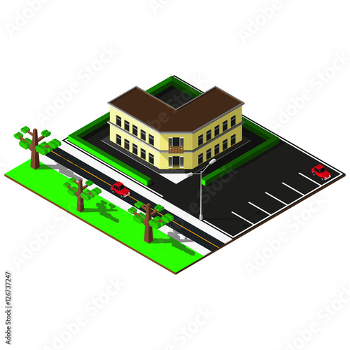 Isometric city map. Low 3d building with parking illustration. Isometric elements. © Markoff