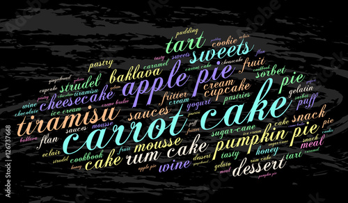 Carrot cake. Word cloud, grunge background. Food concept.