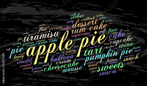 Apple pie. Word cloud, grunge background. Food concept.