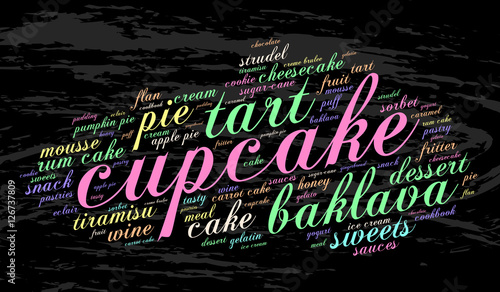 Cupcake. Word cloud, grunge background. Food concept.