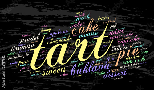 Tart. Word cloud, grunge background. Food concept.