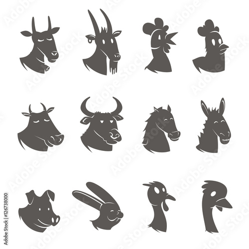 Farm Animals Heads Black Icons Set 