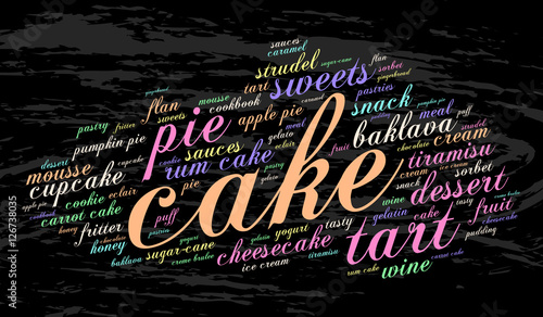 Cake. Word cloud, grunge background. Food concept.