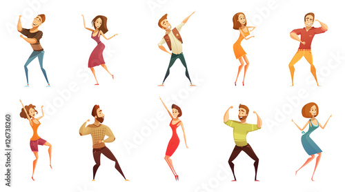 Dancing People Funny Cartoon Icons Set 