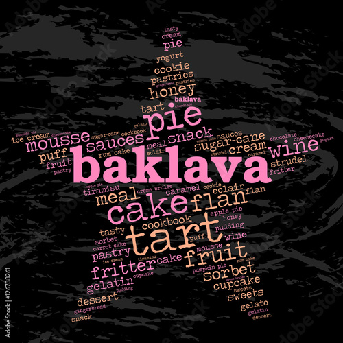 Baklava. Word cloud, star, grunge background. Food for celebrities.