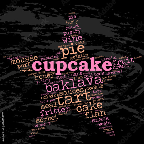 Cupcake. Word cloud, star, grunge background. Food for celebrities.