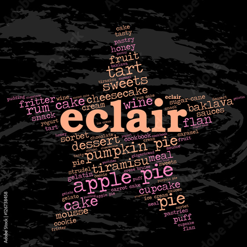 Eclair. Word cloud, star, grunge background. Food for celebrities.