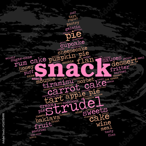 Snack. Word cloud, star, grunge background. Food for celebrities.