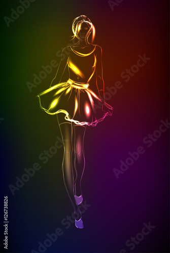 Hand-drawn fashion model from a neon. A light girl's