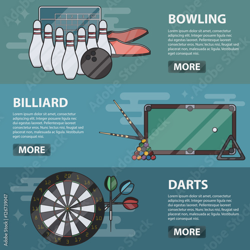 Vector thin line design horizontal banners of bowling, billiard and darts. Business concept of sport games. Set of isolated bowling equipment and snooker elements.