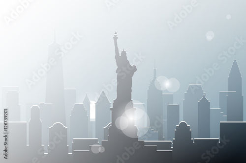 Christmas blizzard in New York. Snowfall in The City of New York. City skyline in winter. Statue of Liberty illustration.