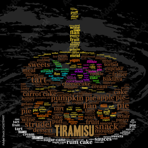 Tiramisu. Word cloud, celebration cake with a candle, grunge background. Food concept.