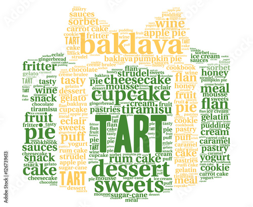 Tart. Word cloud, gift box, white background. Gift to the chef.