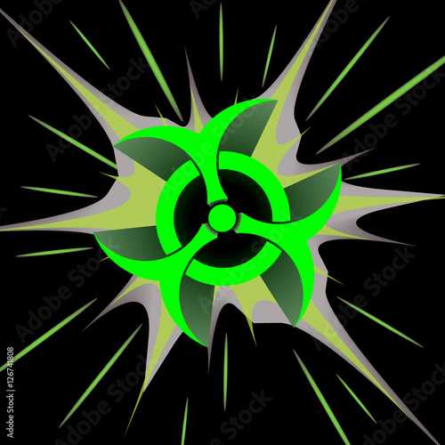 Biohazard Bang comic cartoon. Vector illustration with green star on black background and biohazard symbol. Explosion template.