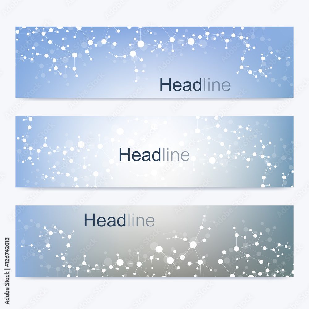 Scientific set of modern vector banners. DNA molecule structure with connected lines and dots. Science vector background. Medical, tecnology, chemistry design.