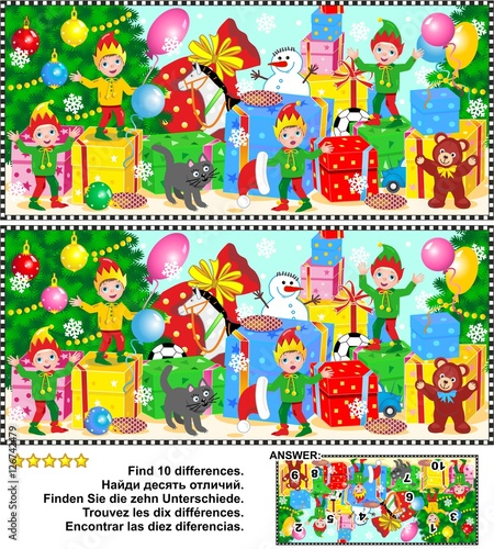 Christmas or New Year visual puzzle: Find the ten differences between the two pictures of elves waiting for Santa to show their work done. Answer included.
