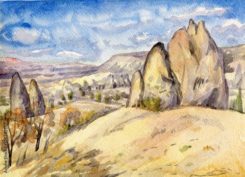 mountainous landscape. Cappadocia. Watercolor painting