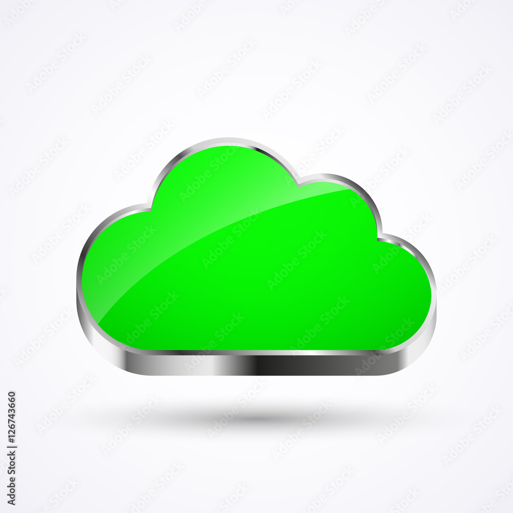 Shiny green cloud button with metal frame, vector illustration, isolated on white Shiny green cloud button with metal frame, vector illustration, isolated on white