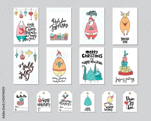 Merry Christmas greeting card and gift tag set with cute bear, santa, deer, gifts, noel and lettering.