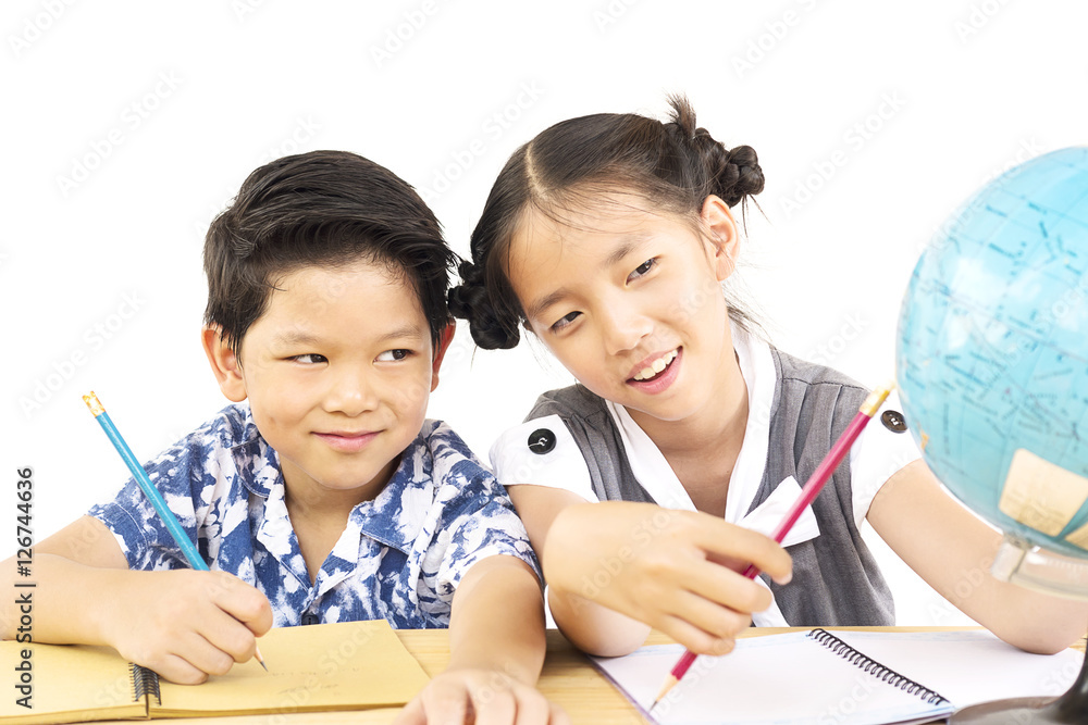 Asian kids are studying the globe over white background Asian kids are studying the globe over white background