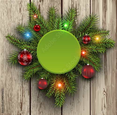 Christmas background fir tree on wooden board