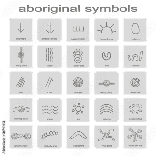 set of monochrome icons with symbols of Australian aboriginal art for your design