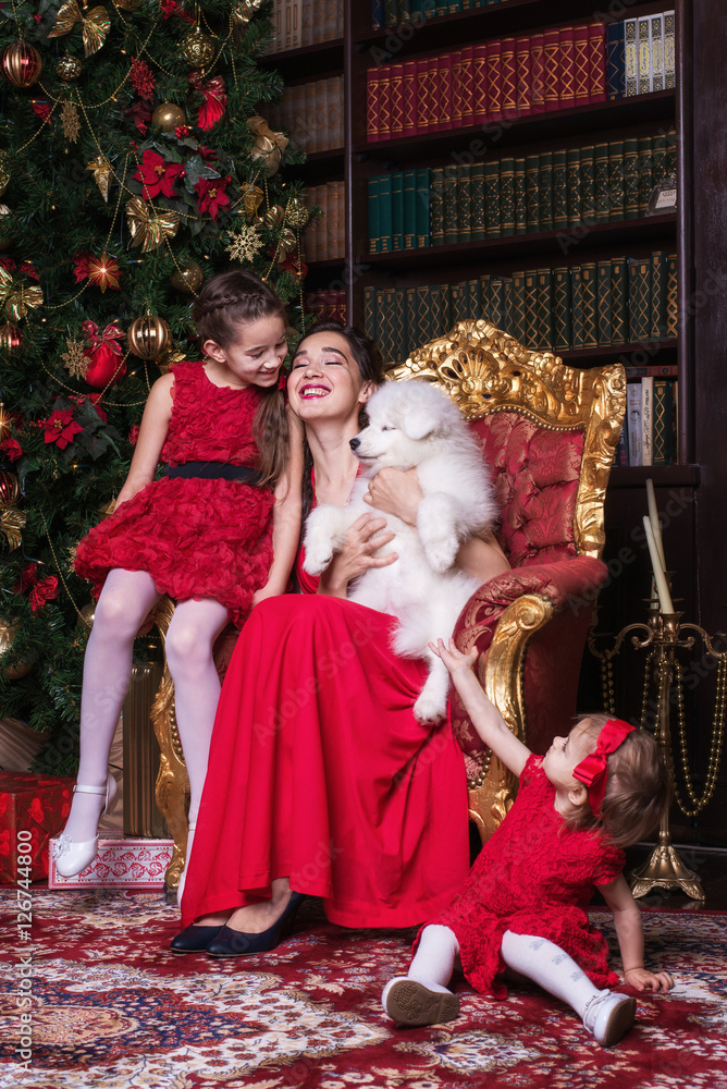 Cute family sitting in armchair near christmas tree, wearing red dresses. Smiling mom and daughters. Playing with samoyed dog. Christmas gifts.