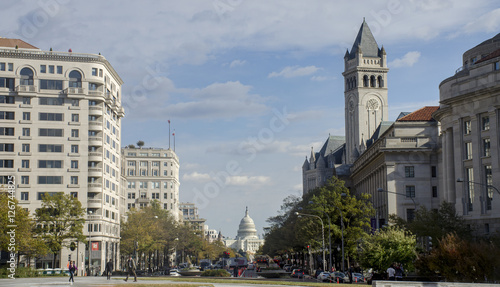 Pennsylvania Ave showing U.S. Capitol and Trump hotel