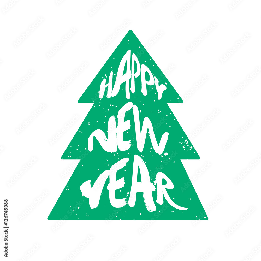 Fototapeta premium Green silhouette of tree with lettering text Happy New Year on white background. Vector illustration.