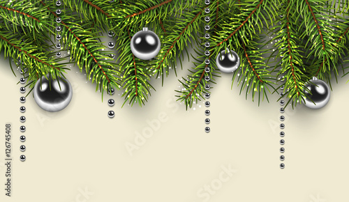 Christmas background with green fir tree and silver balls