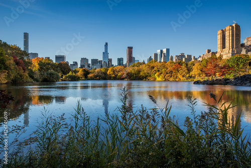 Fototapeta Naklejka Na Ścianę i Meble -  Fall in Central Park at The Lake with Midtown Manhattan skyscrapers. Cityscape sunrise view with colorful Autumn foliage. Manhattan, New York City