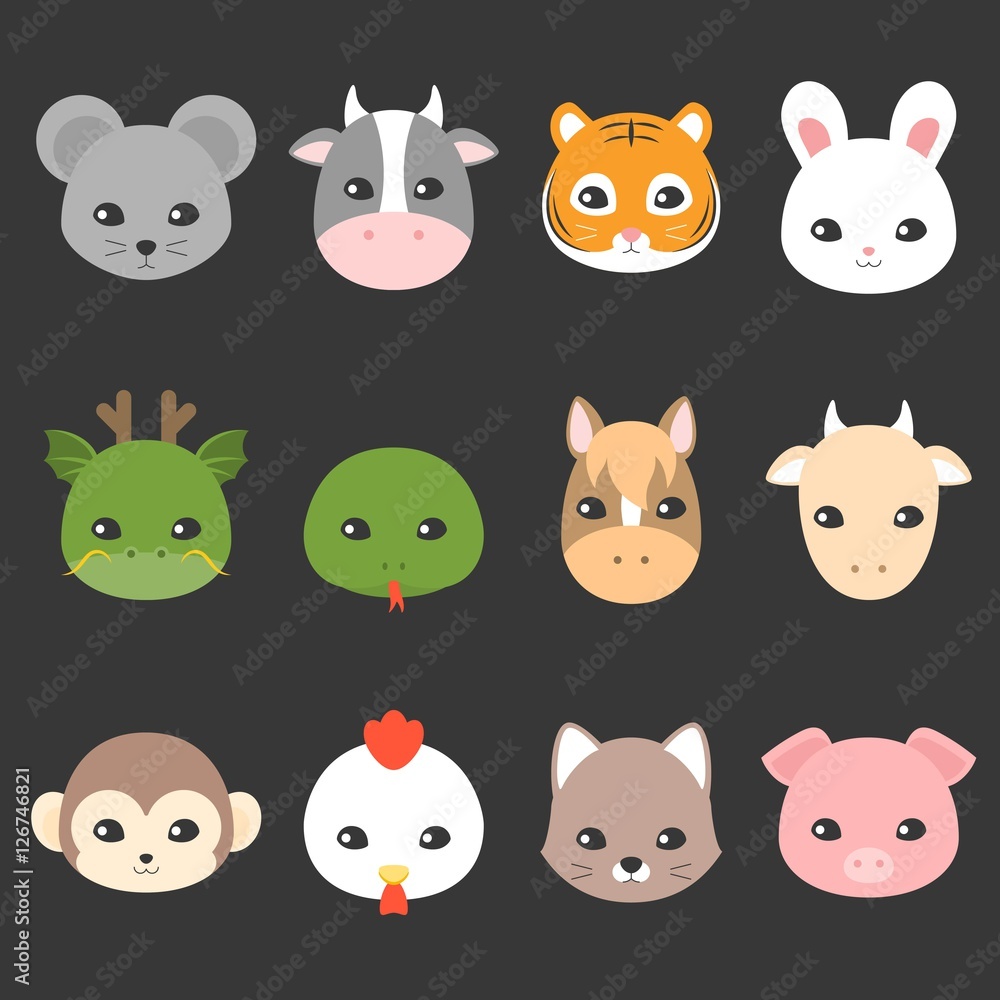 Cute cartoon Chinese zodiac icon, face of rat, cow, tiger, rabbit, dragon,  snake, horse, goat, monkey, rooster, dog, pig, flat design character Stock  Vector | Adobe Stock