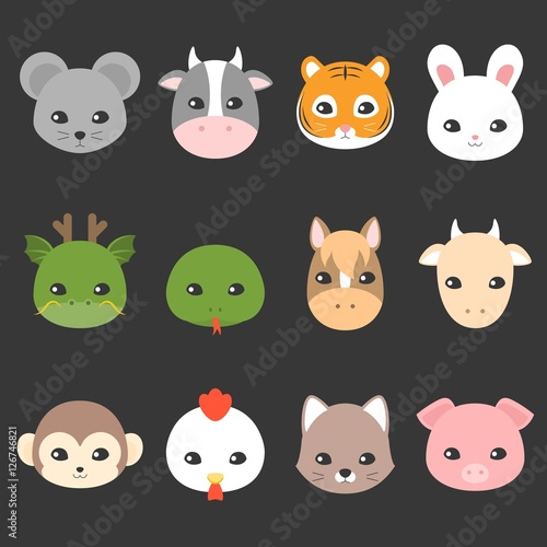 Fototapeta Naklejka Na Ścianę i Meble -  Cute cartoon Chinese zodiac icon, face of rat, cow, tiger, rabbit, dragon, snake, horse, goat, monkey, rooster, dog, pig, flat design character