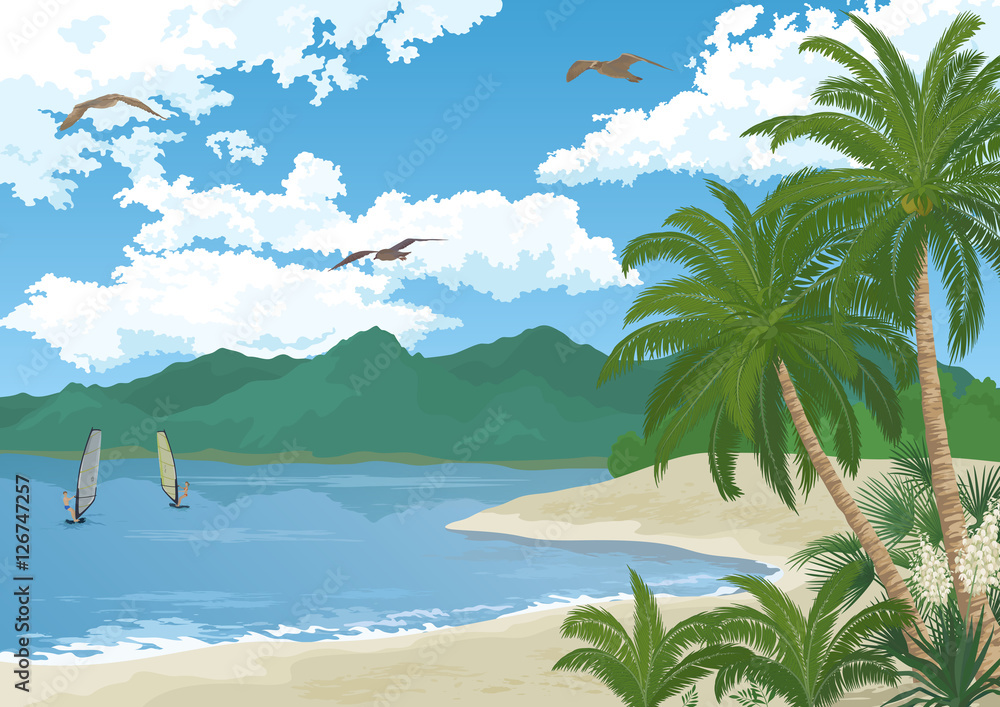 Tropical Sea Landscape, Summer Beach with Green Palm Trees and Exotic Yucca Flowers, Sportsman Surfers, Mountains, Birds Gulls in the Blue Sky with White Clouds. Eps10, Contains Transparencies. Vector