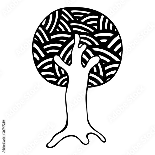 Vector hand drawn illustration, decorative ornamental stylized tree. Black and white graphic illustration isolated on the white background. Inc drawing silhouette. Decorative artistic ornamental wood