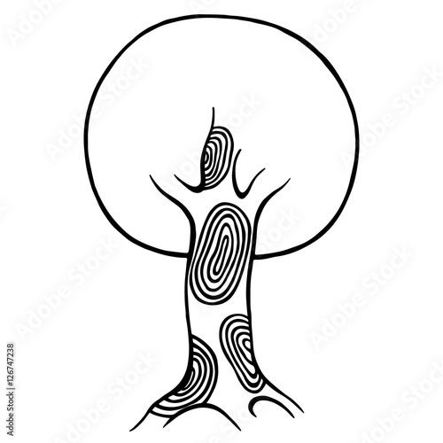 Vector hand drawn illustration, decorative ornamental stylized tree. Black and white graphic illustration isolated on the white background. Inc drawing silhouette. Decorative artistic ornamental wood