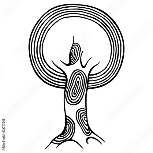 Vector hand drawn illustration, decorative ornamental stylized tree. Black and white graphic illustration isolated on the white background. Inc drawing silhouette. Decorative artistic ornamental wood