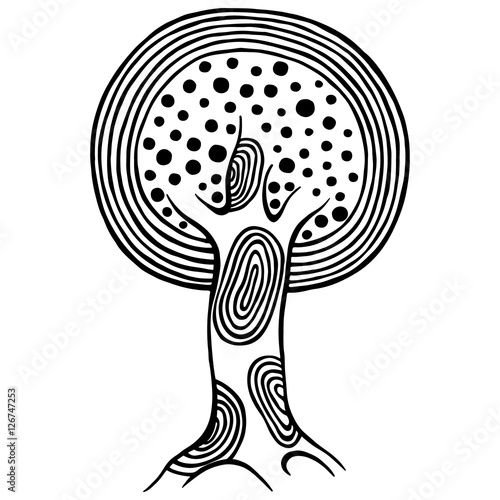Vector hand drawn illustration, decorative ornamental stylized tree. Black and white graphic illustration isolated on the white background. Inc drawing silhouette. Decorative artistic ornamental wood