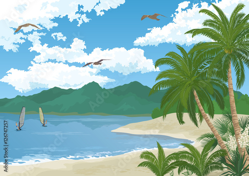 Tropical Sea Landscape  Summer Beach with Green Palm Trees and Exotic Yucca Flowers  Sportsman Surfers  Mountains  Birds Gulls in the Blue Sky with White Clouds. Eps10  Contains Transparencies. Vector