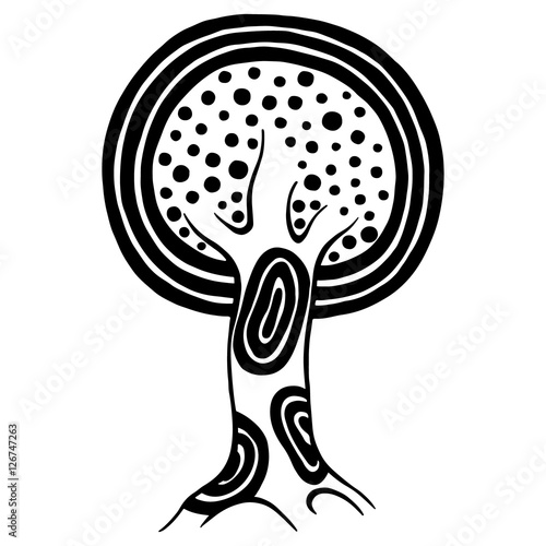 Vector hand drawn illustration, decorative ornamental stylized tree. Black and white graphic illustration isolated on the white background. Inc drawing silhouette. Decorative artistic ornamental wood