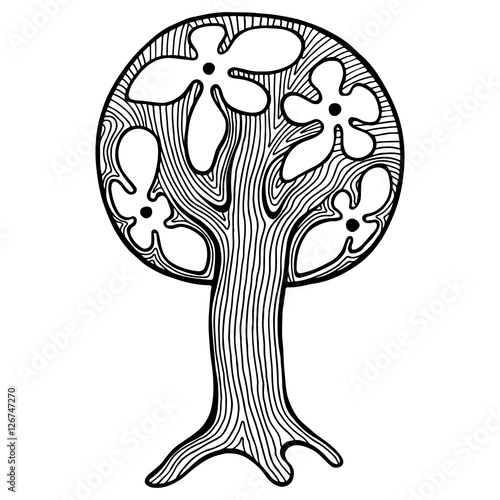 Vector hand drawn illustration, decorative ornamental stylized tree. Black and white graphic illustration isolated on the white background. Inc drawing silhouette. Decorative artistic ornamental wood