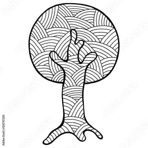 Vector hand drawn illustration, decorative ornamental stylized tree. Black and white graphic illustration isolated on the white background. Inc drawing silhouette. Decorative artistic ornamental wood
