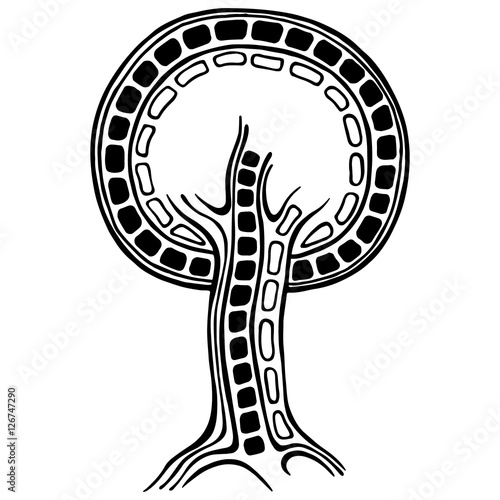 Vector hand drawn illustration, decorative ornamental stylized tree. Black and white graphic illustration isolated on the white background. Inc drawing silhouette. Decorative artistic ornamental wood