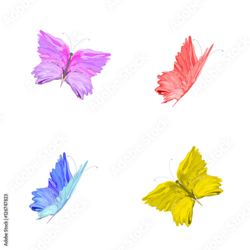 Four stylized colorful flying butterflies isolated on a white ba