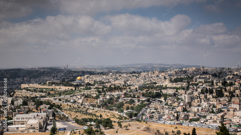 Panoramic of the Old City of Jerusalem in a cloudy day