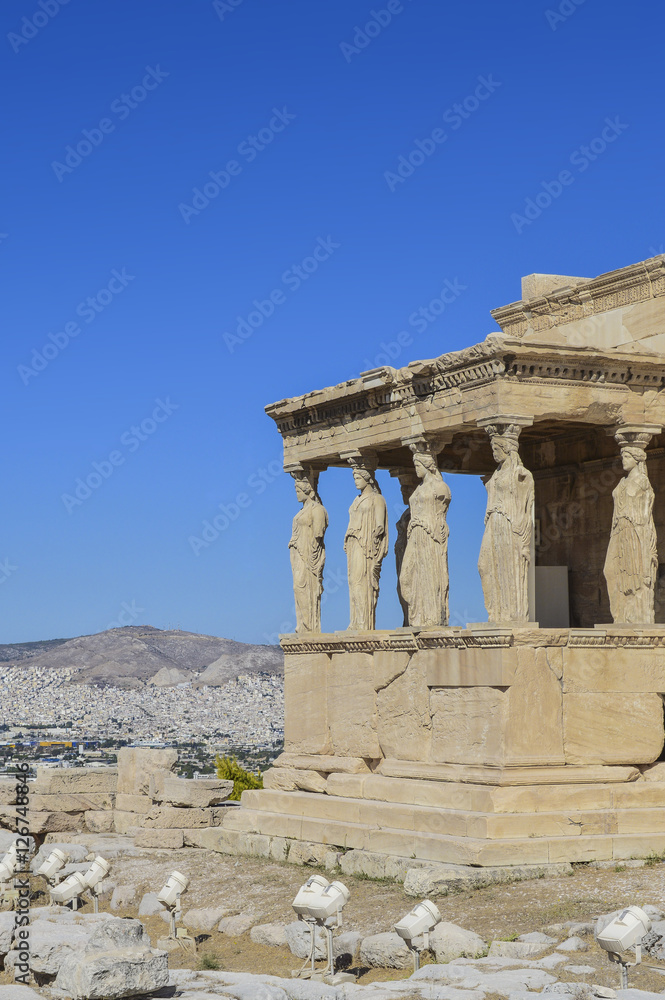 Temple of Athena and blue sky on the hill of the Acropolis of Athens in Greece II