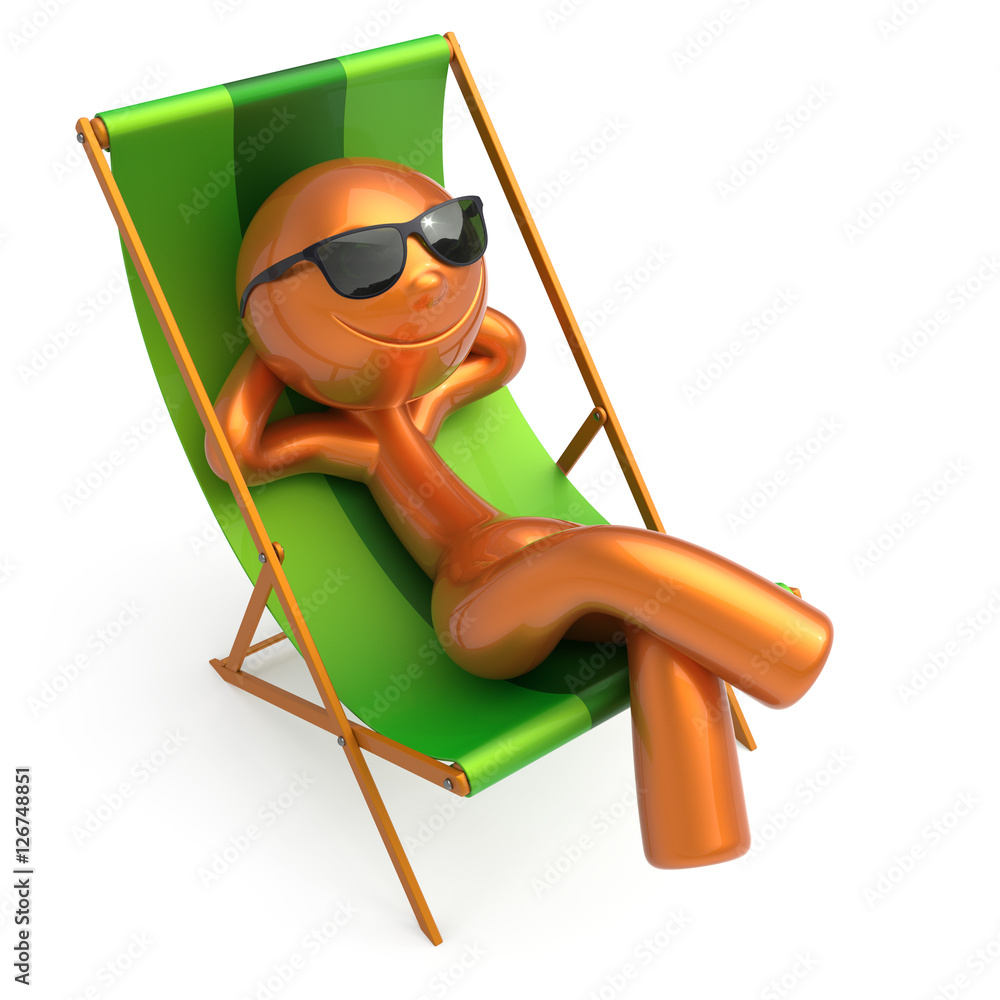 Beach deck chair smiling man relaxing summer sunglasses cartoon character  chilling stylized lifestyle person sun lounger tourist sunbathe rest  outdoor vacation travel destination. 3d illustration Stock Illustration |  Adobe Stock